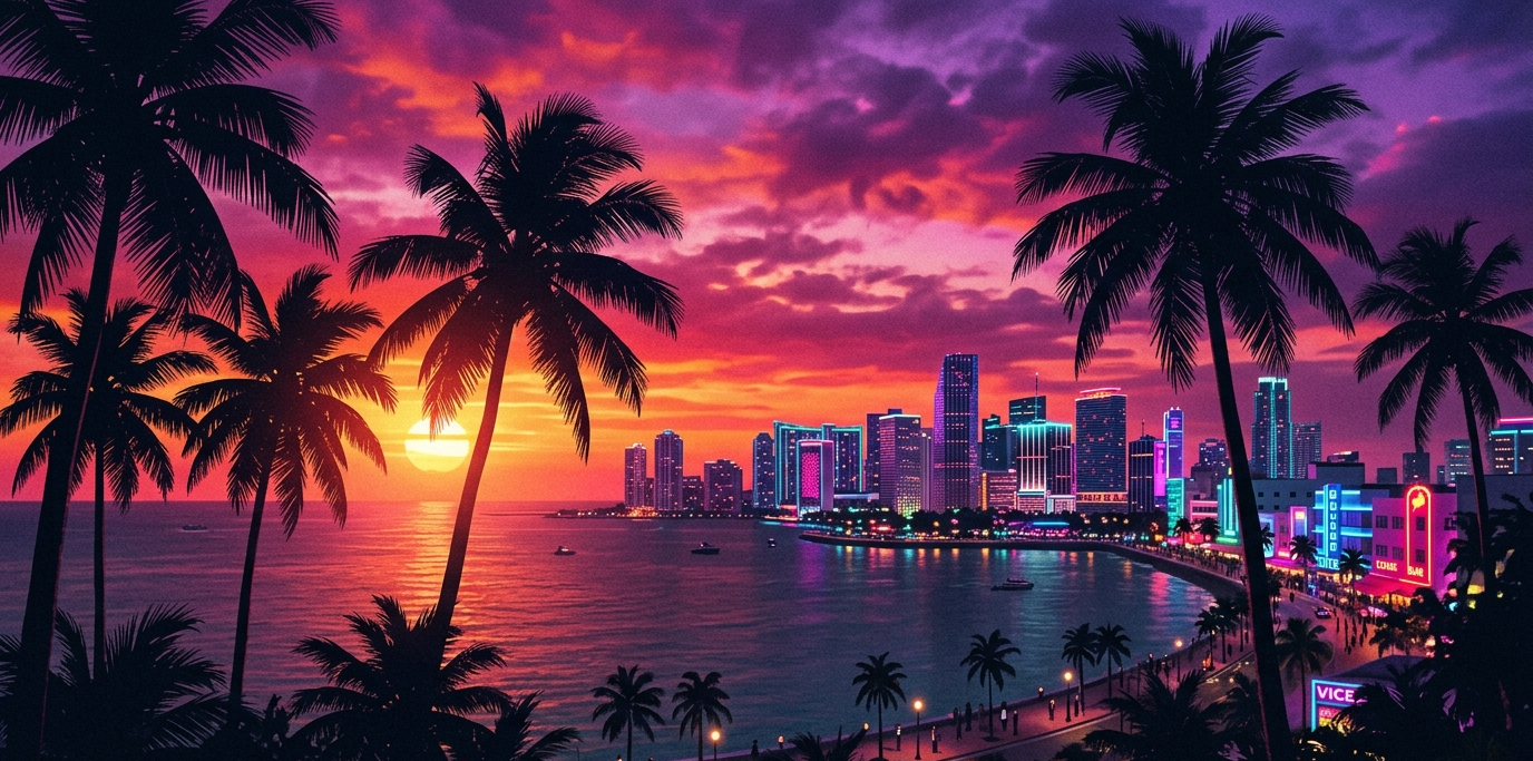 Neon sunset skyline with palm trees and a coastal city.
